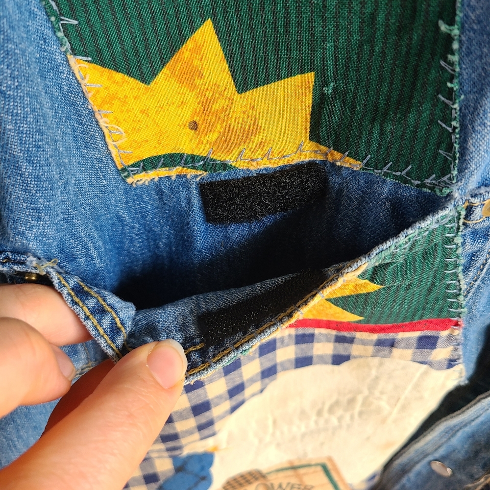 Vintage Blue Pilot Patchwork Sunflower Denim Jean… - image 5